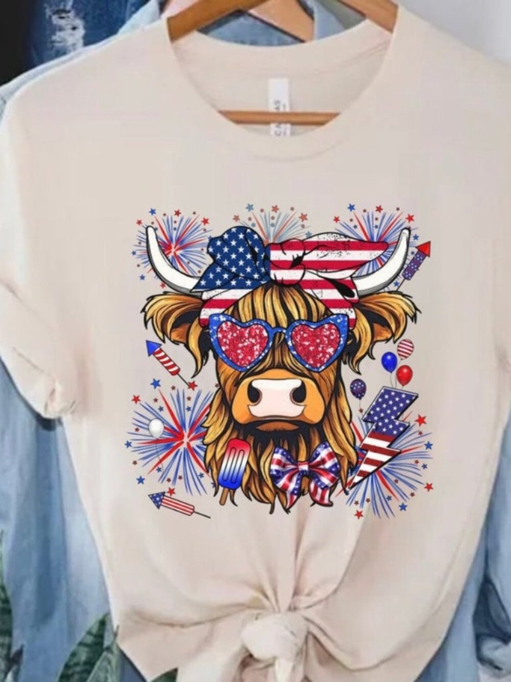 July 4th Cow shirt, USA Highland Cow Shirt, American Flag Tee